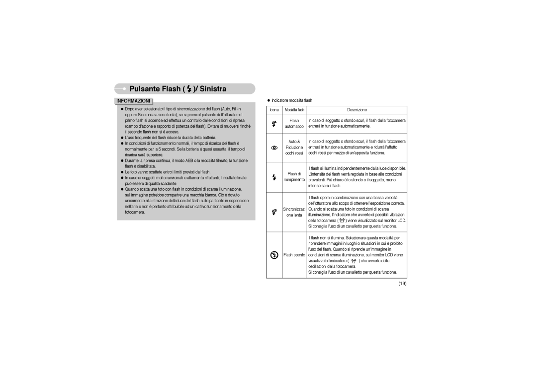 Samsung EC-A503ZSBA/E1, EC-A503ZRBA/PT, EC-A503ZBBA/E1 manual Modalità flash 