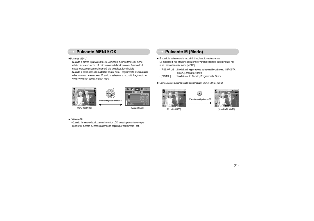 Samsung EC-A503ZBBA/E1, EC-A503ZRBA/PT, EC-A503ZSBA/E1 manual Pulsante MENU/ OK Pulsante M Modo, Fissa/Film 