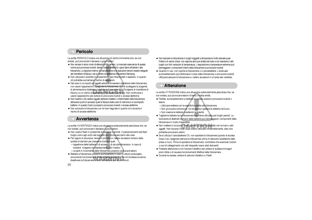 Samsung EC-A503ZRBA/PT, EC-A503ZBBA/E1, EC-A503ZSBA/E1 manual Pericolo, Avvertenza, Attenzione 