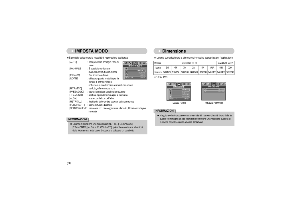 Samsung EC-A503ZBBA/E1, EC-A503ZRBA/PT, EC-A503ZSBA/E1 manual Dimensione, Vga 