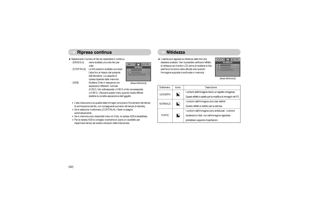 Samsung EC-A503ZRBA/PT, EC-A503ZBBA/E1, EC-A503ZSBA/E1 manual Ripresa continua, Nitidezza, Continua, Leggera 