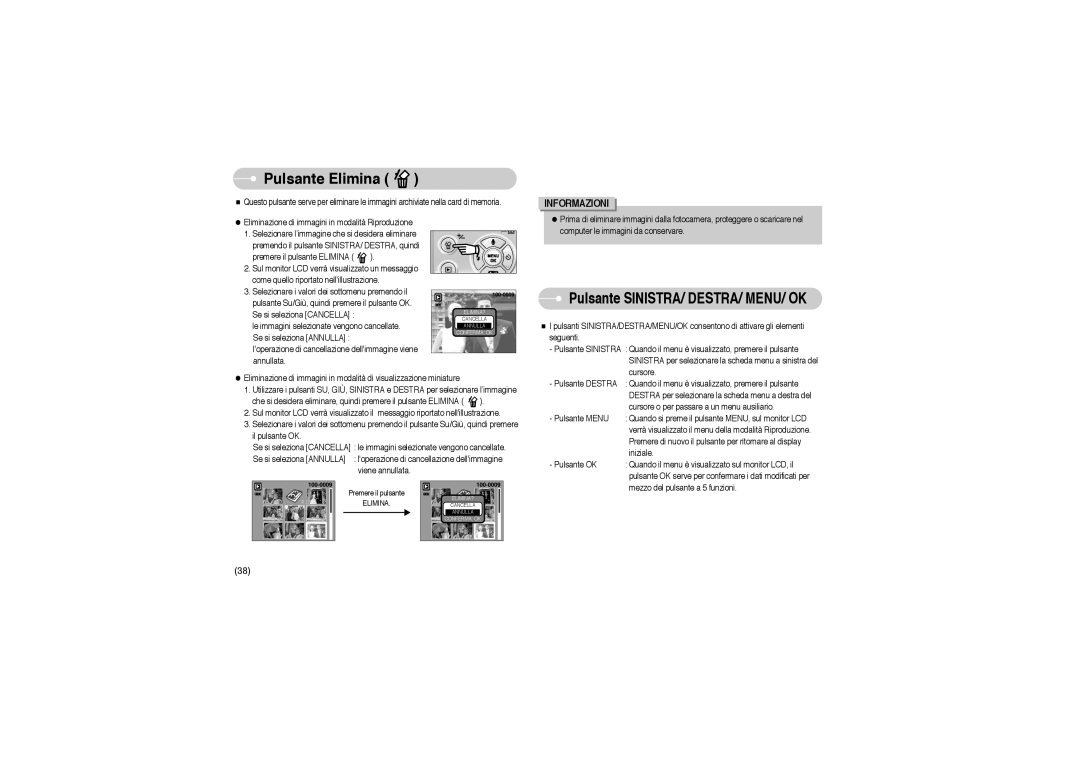 Samsung EC-A503ZRBA/PT, EC-A503ZBBA/E1, EC-A503ZSBA/E1 manual Pulsante Elimina, Pulsante SINISTRA/ DESTRA/ MENU/ OK 