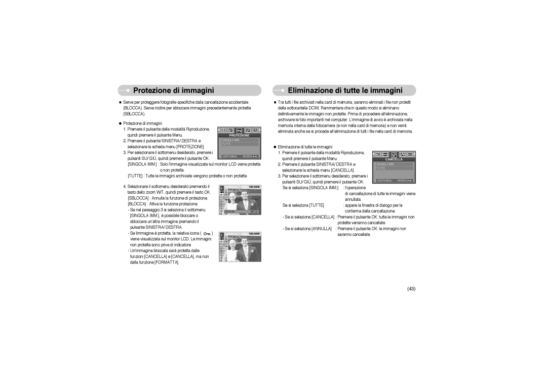 Samsung EC-A503ZSBA/E1, EC-A503ZRBA/PT, EC-A503ZBBA/E1 manual Protezione di immagini, Eliminazione di tutte le immagini 