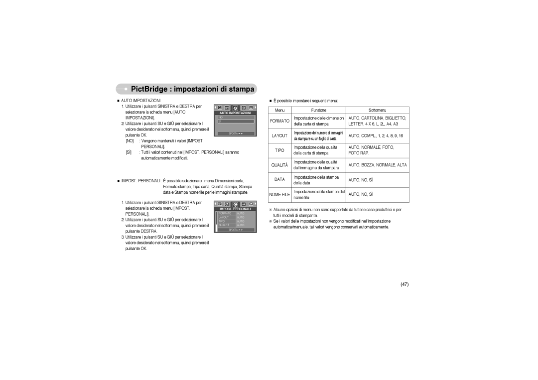 Samsung EC-A503ZRBA/PT, EC-A503ZBBA/E1, EC-A503ZSBA/E1 manual PictBridge impostazioni di stampa 