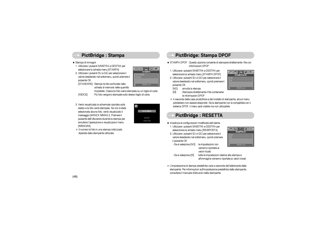 Samsung EC-A503ZBBA/E1, EC-A503ZRBA/PT, EC-A503ZSBA/E1 manual PictBridge Stampa Dpof, PictBridge Resetta, Immagini 