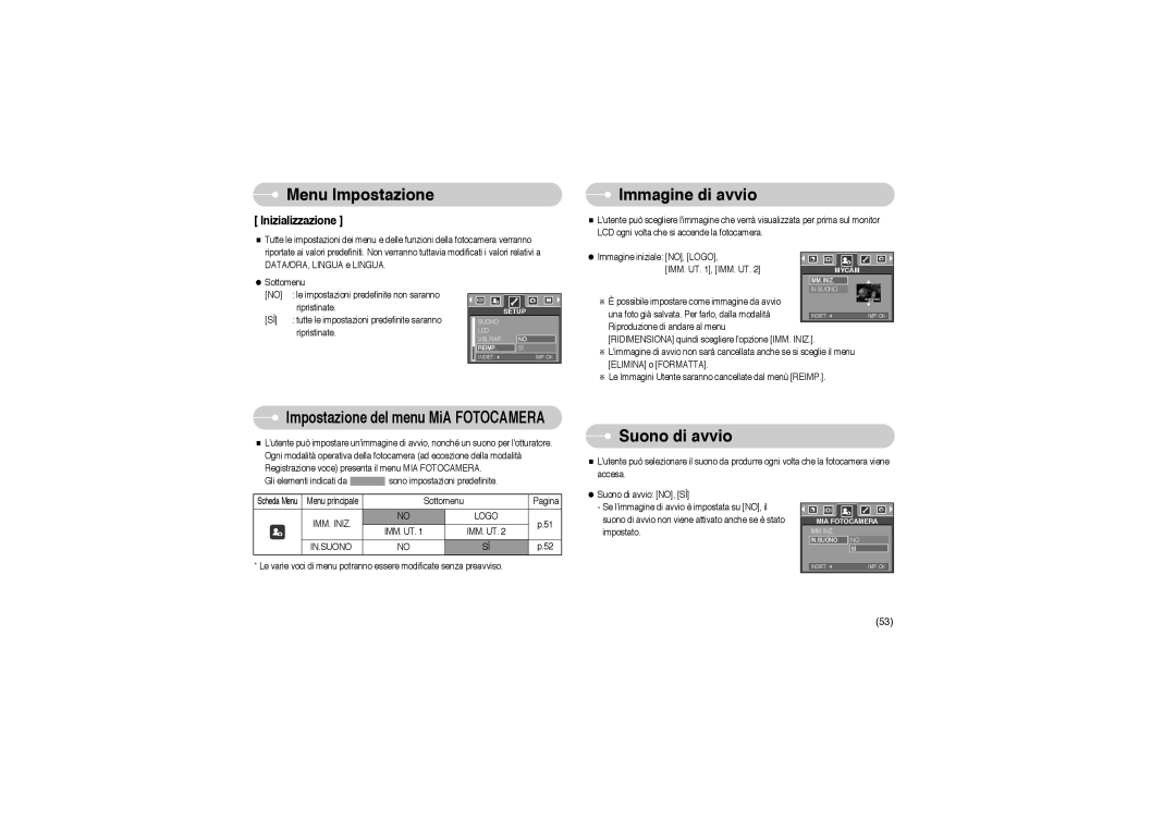 Samsung EC-A503ZRBA/PT, EC-A503ZBBA/E1, EC-A503ZSBA/E1 manual Immagine di avvio, Suono di avvio, IMM. Iniz Logo, In.Suono 