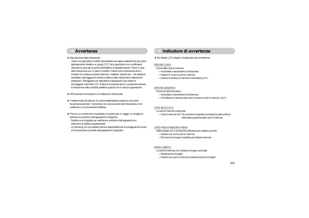 Samsung EC-A503ZSBA/E1, EC-A503ZRBA/PT, EC-A503ZBBA/E1 manual Indicatore di avvertenze 