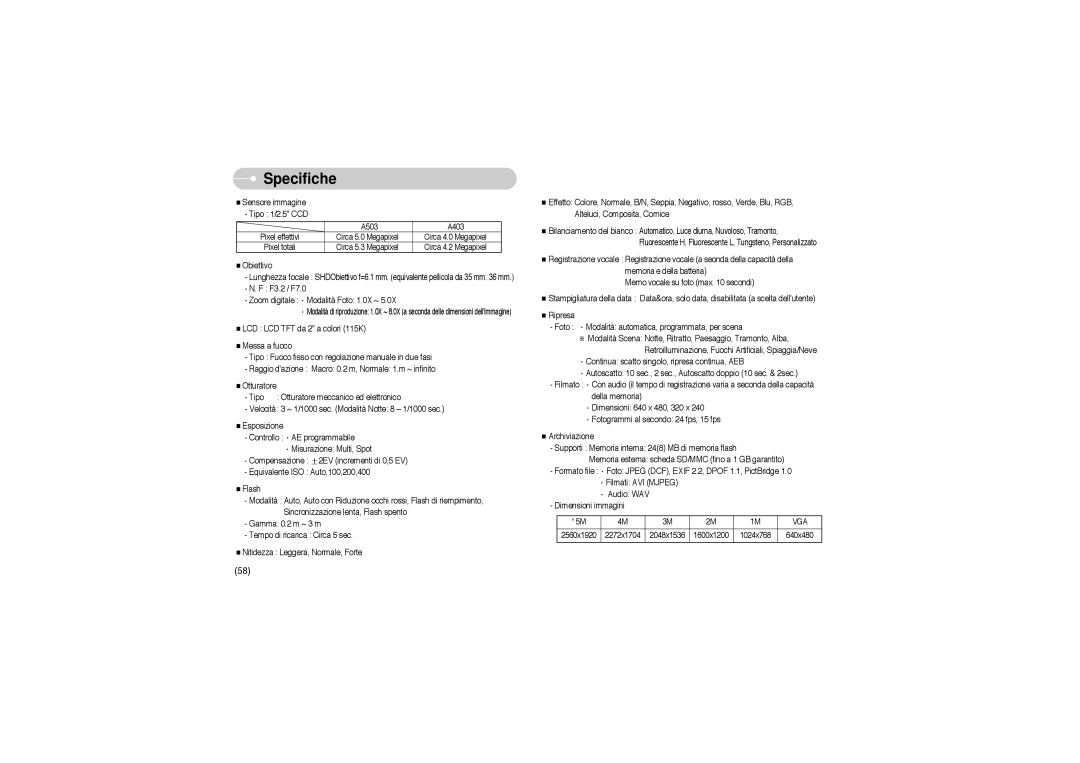 Samsung EC-A503ZSBA/E1, EC-A503ZRBA/PT, EC-A503ZBBA/E1 manual Specifiche, Vga 