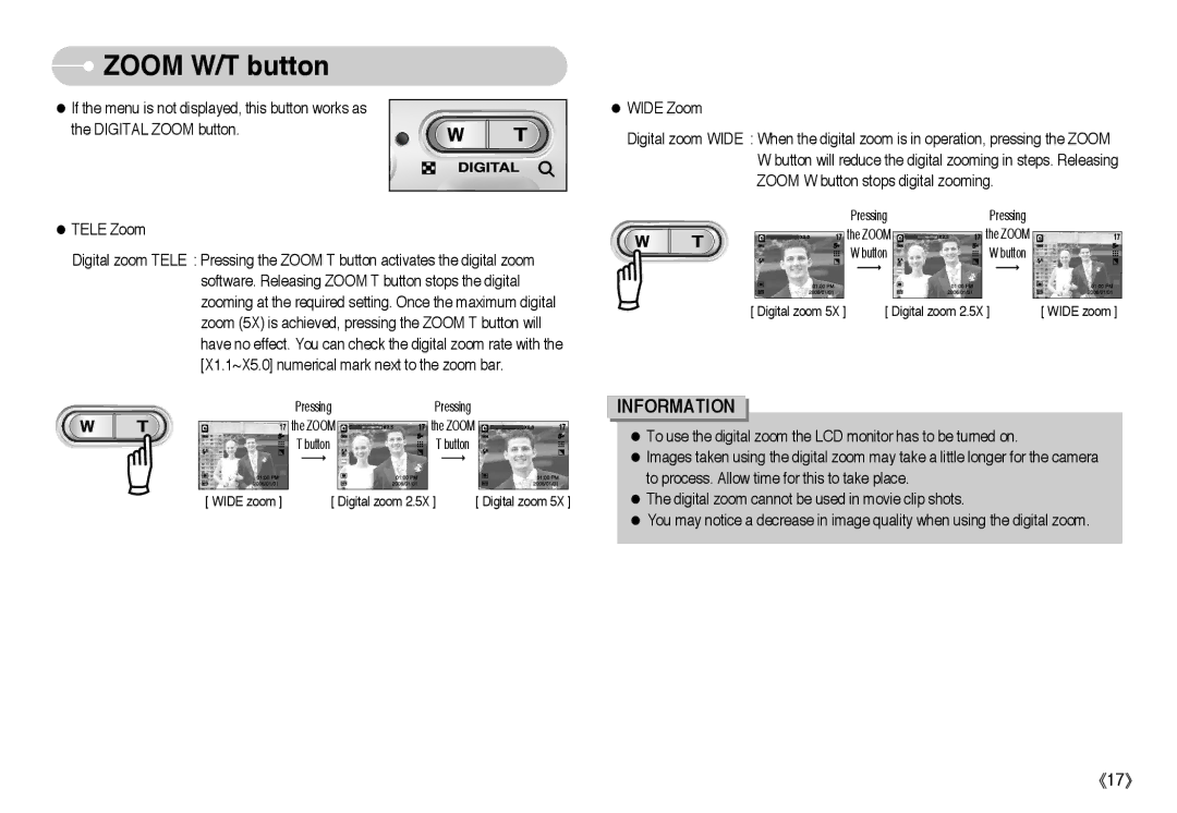 Samsung EC-A503ZSBA/E1, EC-A50ZZSBA/FR, EC-A503ZRBA/PT, EC-A503ZBBA/E1, EC-A50ZZSBA/DE, EC-A50ZZSBA/E1 manual Zoom W/T button 