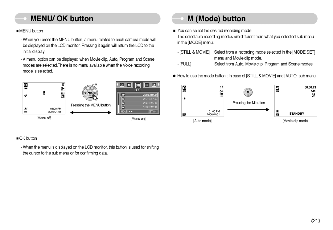 Samsung EC-A503ZSBA/US, EC-A50ZZSBA/FR, EC-A503ZRBA/PT, EC-A503ZBBA/E1, EC-A503ZSBA/E1 manual MENU/ OK button Mode button 