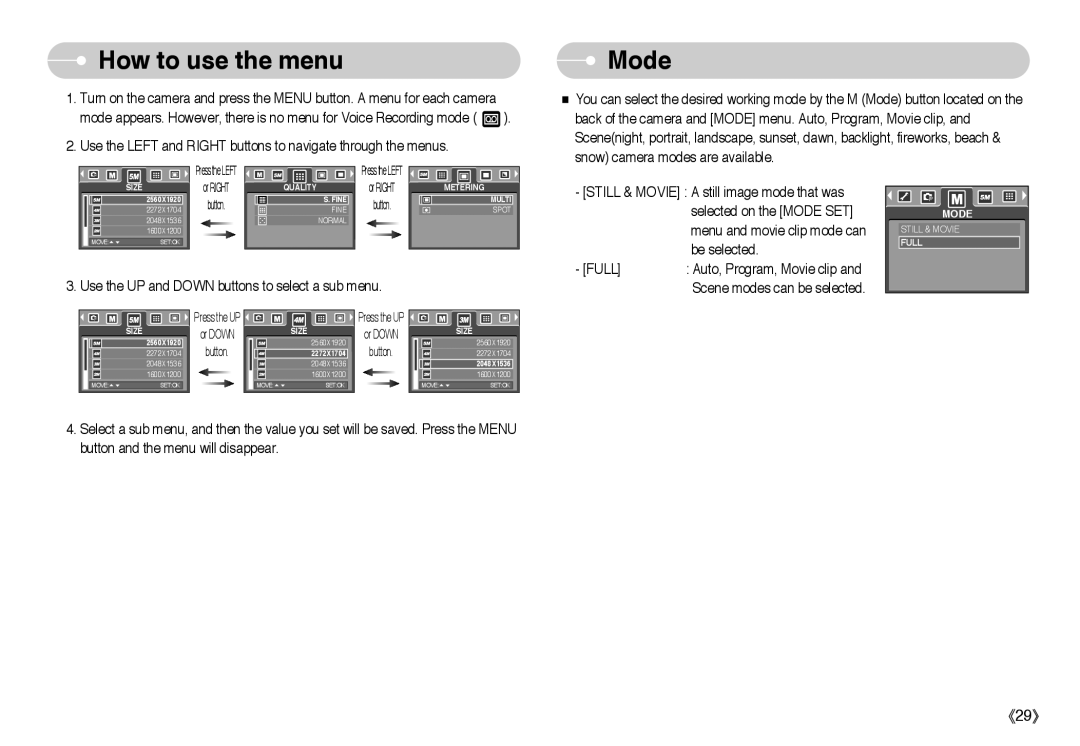 Samsung EC-A50ZZSBA/FR, EC-A503ZRBA/PT, EC-A503ZBBA/E1, EC-A503ZSBA/E1, EC-A50ZZSBA/DE, EC-A503ZSAA How to use the menu, Mode 