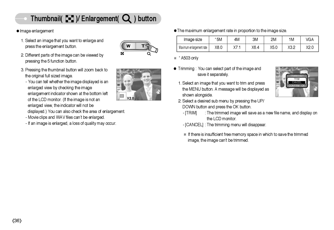 Samsung EC-A503ZSBA/US, EC-A50ZZSBA/FR, EC-A503ZRBA/PT, EC-A503ZBBA/E1, EC-A503ZSBA/E1 manual Thumbnail / Enlargement button 