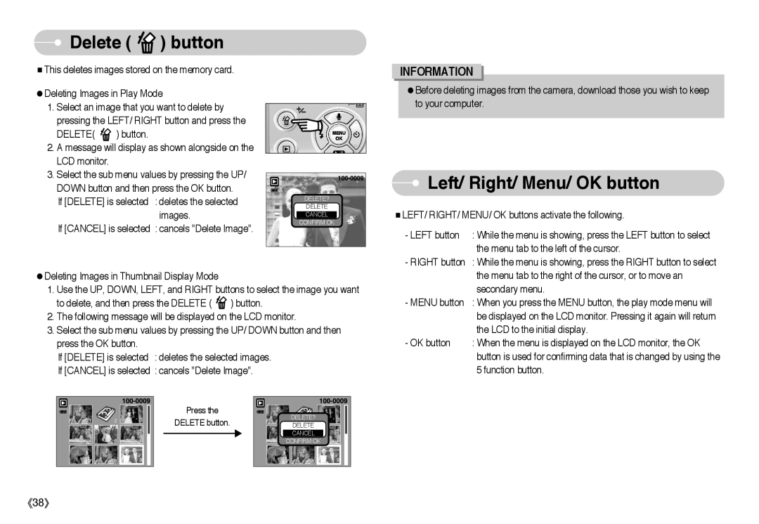 Samsung EC-A503ZSAA, EC-A50ZZSBA/FR, EC-A503ZRBA/PT, EC-A503ZBBA/E1 manual Delete button, Left/ Right/ Menu/ OK button 