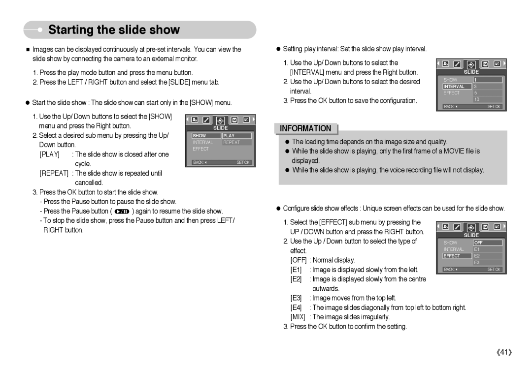 Samsung EC-A503ZRBB/PT, EC-A50ZZSBA/FR, EC-A503ZRBA/PT, EC-A503ZBBA/E1, EC-A503ZSBA/E1 manual Starting the slide show, Mix 