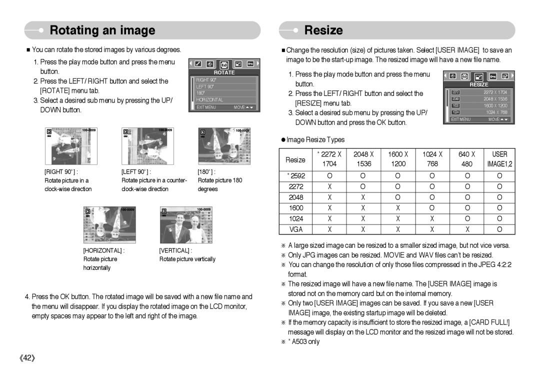 Samsung EC-A503ZBBB/E1, EC-A50ZZSBA/FR, EC-A503ZRBA/PT, EC-A503ZBBA/E1, EC-A503ZSBA/E1, EC-A503ZSAA Rotating an image, Resize 