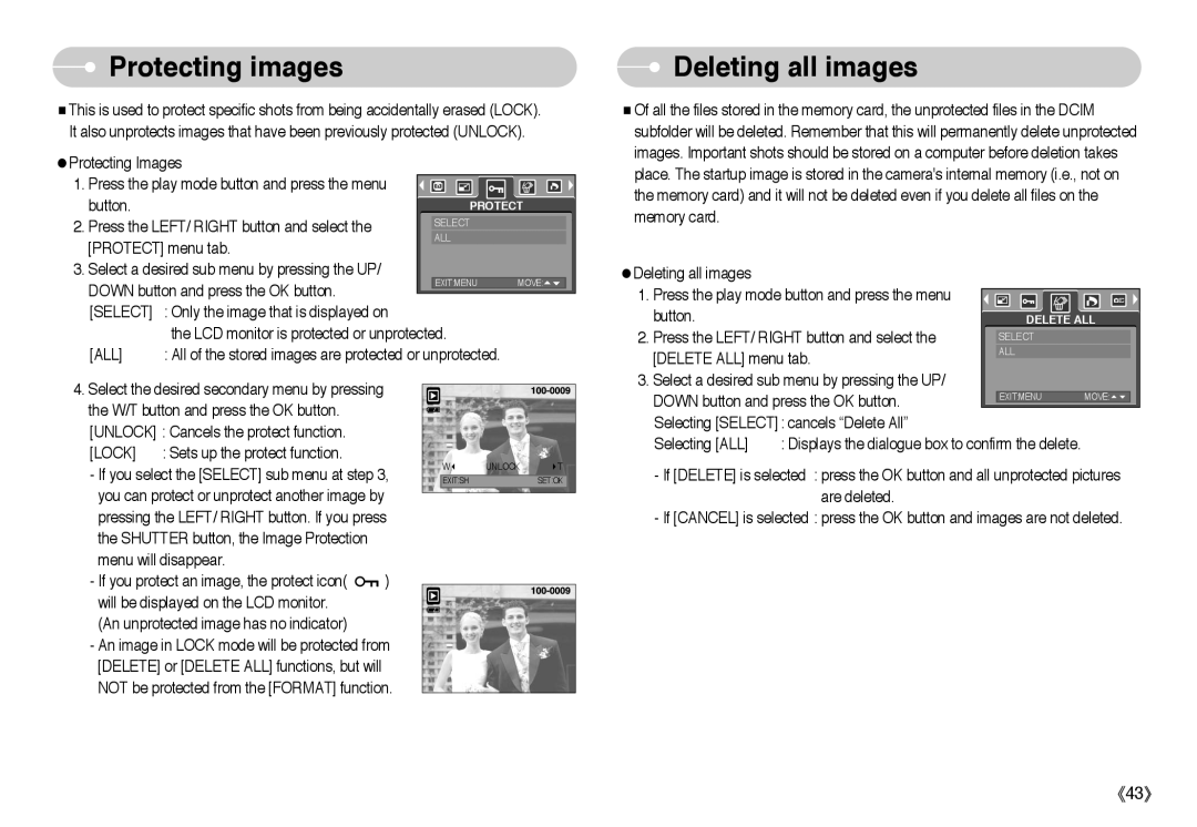 Samsung EC-A403ZRBA/E1, EC-A50ZZSBA/FR, EC-A503ZRBA/PT, EC-A503ZBBA/E1, EC-A503ZSBA/E1 Protecting images, Deleting all images 