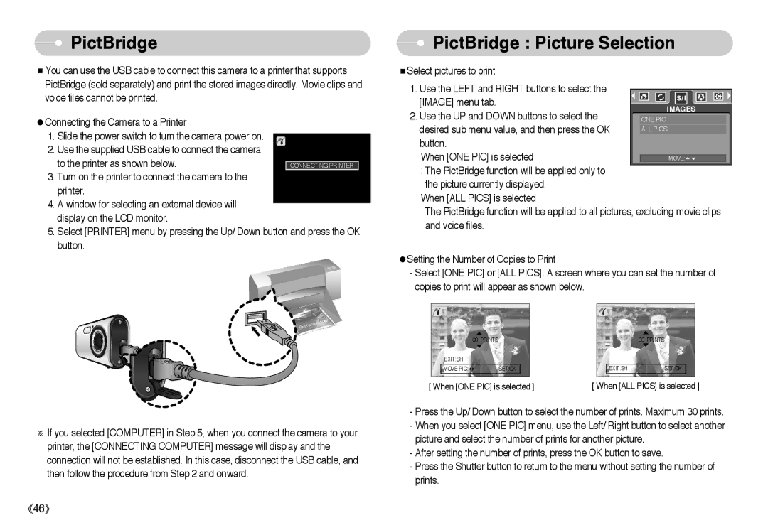 Samsung EC-A503ZBBA/E1, EC-A50ZZSBA/FR, EC-A503ZRBA/PT, EC-A503ZSBA/E1, EC-A50ZZSBA/DE manual PictBridge Picture Selection 