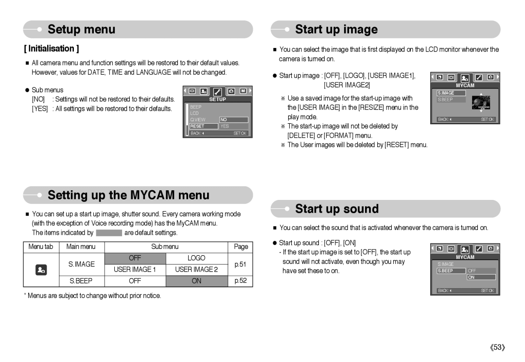 Samsung EC-A503ZSAA, EC-A50ZZSBA/FR, EC-A503ZRBA/PT manual Start up image, Setting up the Mycam menu, Start up sound 