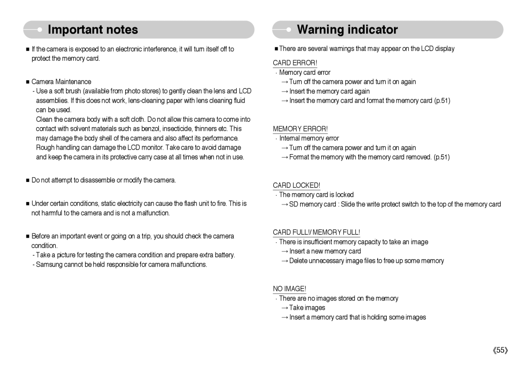Samsung EC-A503ZRBA/US, EC-A50ZZSBA/FR manual Card Error, Memory Error, Card Locked, Card FULL!/ Memory Full, No Image 
