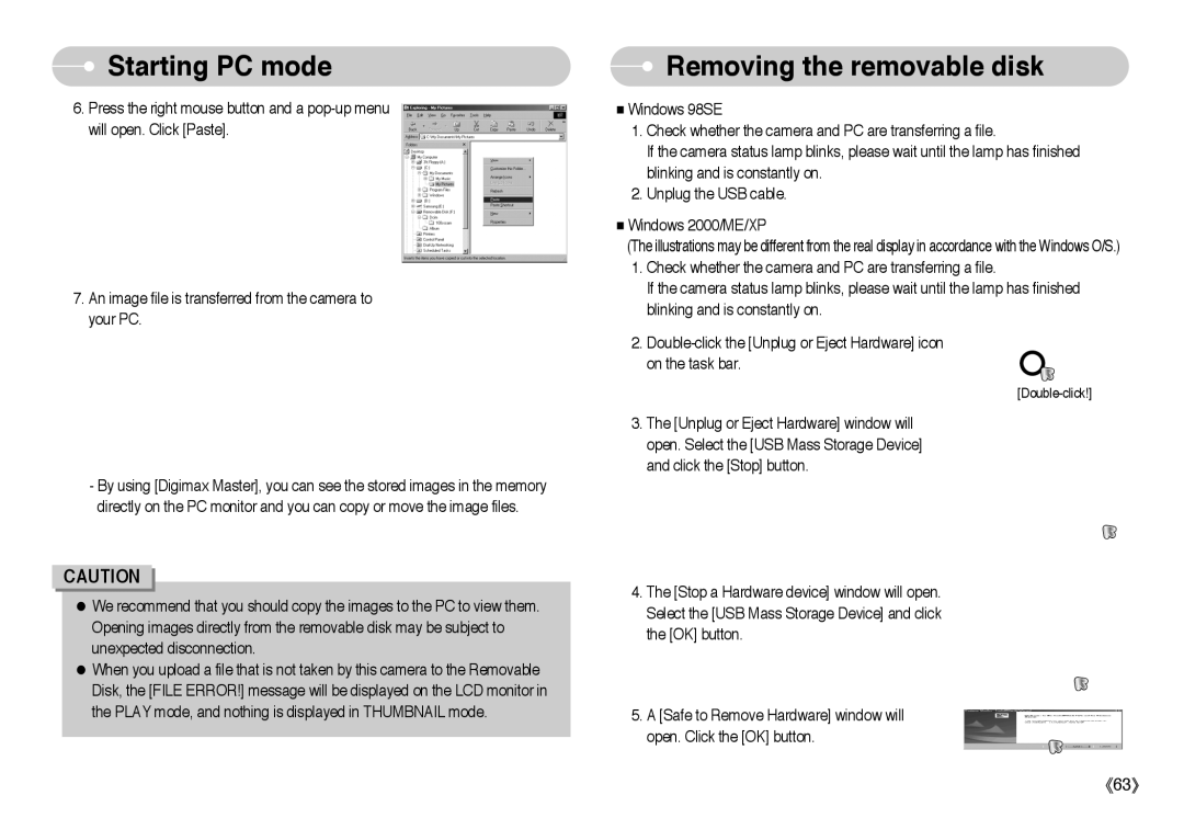 Samsung EC-A50ZZSBA/DE, EC-A50ZZSBA/FR, EC-A503ZRBA/PT, EC-A503ZBBA/E1, EC-A503ZSBA/E1 manual Removing the removable disk 