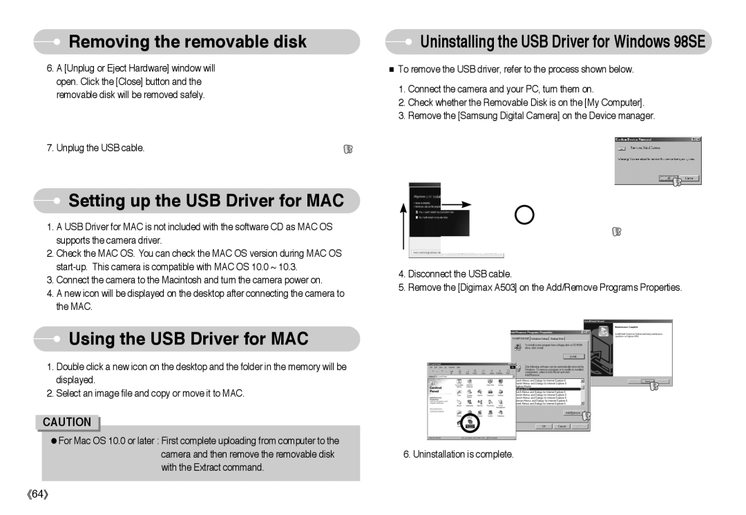 Samsung EC-A50ZZSBA/E1, EC-A50ZZSBA/FR, EC-A503ZRBA/PT manual Setting up the USB Driver for MAC, Using the USB Driver for MAC 