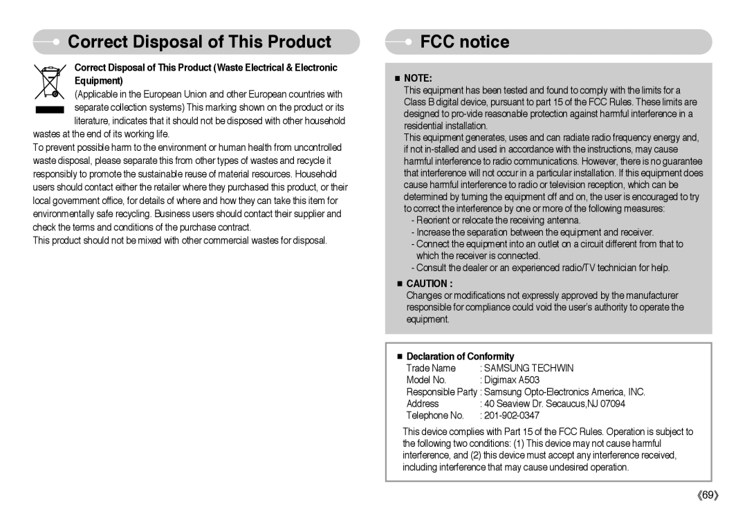 Samsung EC-A503ZSBB/E1, EC-A50ZZSBA/FR, EC-A503ZRBA/PT manual Correct Disposal of This Product, FCC notice, Samsung Techwin 