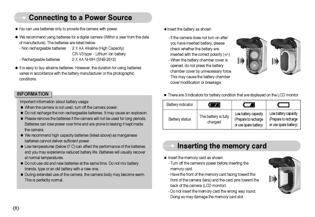 Samsung EC-A503ZSAA, EC-A50ZZSBA/FR, EC-A503ZRBA/PT, EC-A503ZBBA/E1 Connecting to a Power Source, Inserting the memory card 