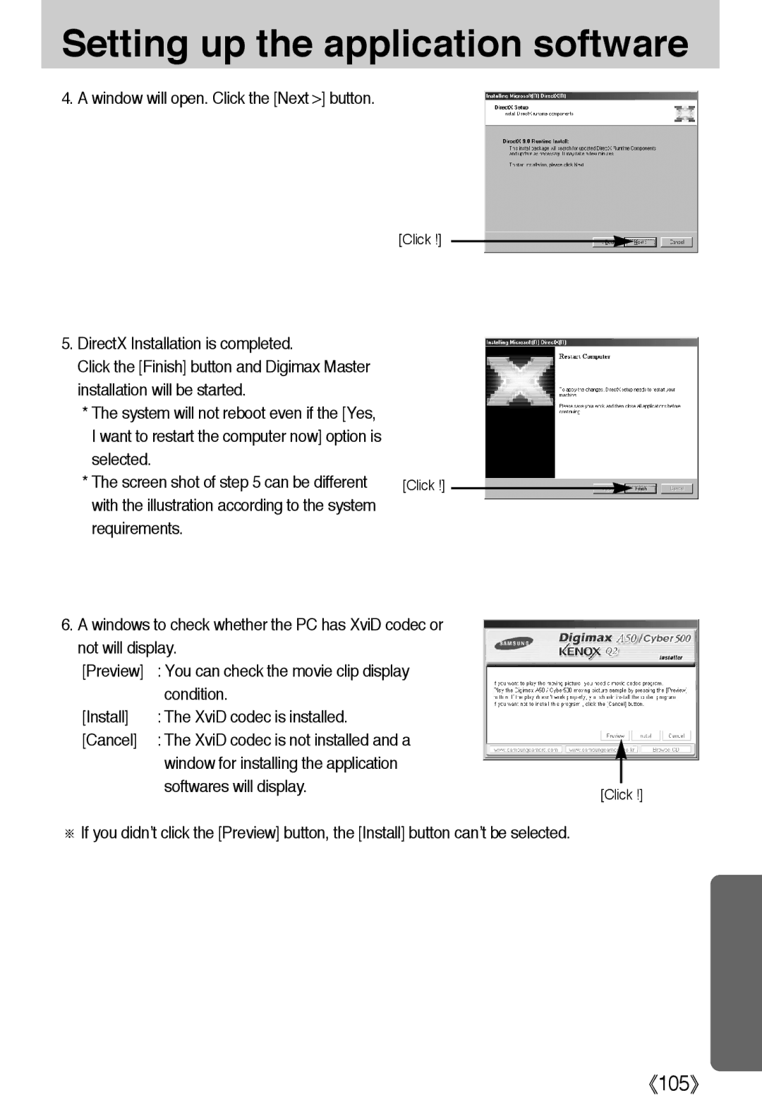 Samsung EC-A50ZZSBA/FR manual Window will open. Click the Next button, Condition, Install XviD codec is installed Cancel 