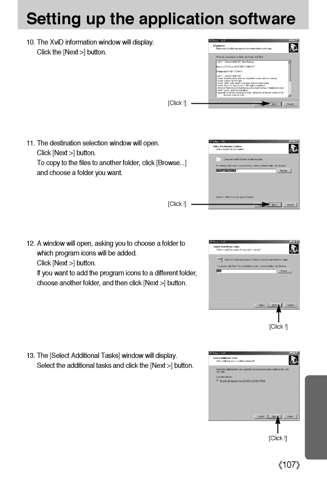 Samsung EC-A50ZZSBA/E1, EC-A50ZZSBA/FR, EC-A50ZZSBA/DE manual XviD information window will display. Click the Next button 