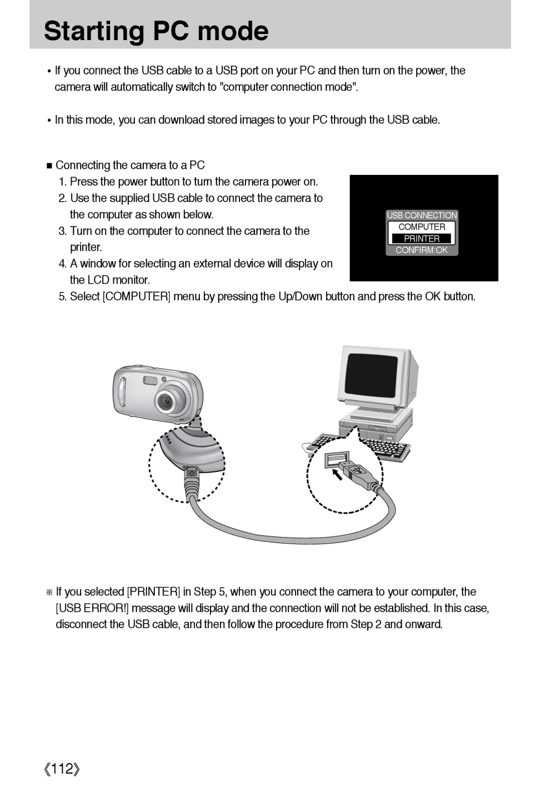 Samsung EC-A50ZZSBA/FR, EC-A50ZZSBA/DE, EC-A50ZZSBA/E1, EC-A502ZSBA/E1, EC-A50ZZSAA, EC-A502ZBBA/E1 manual Starting PC mode 