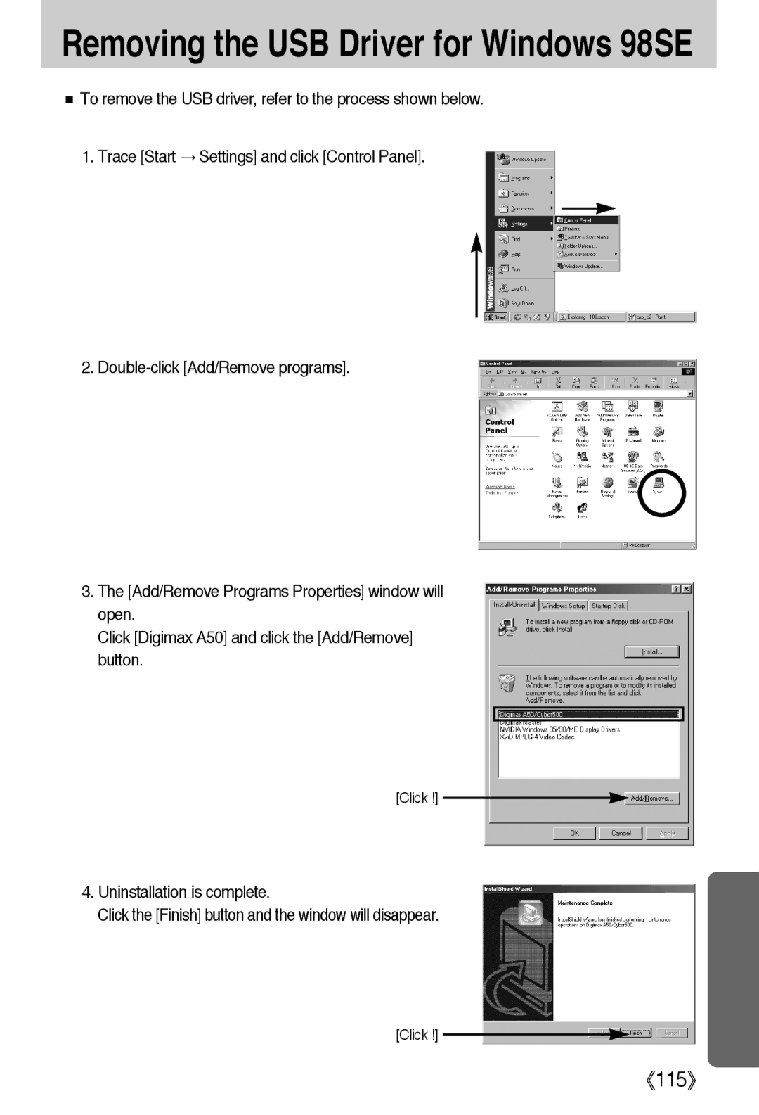 Samsung EC-A502ZSBA/E1, EC-A50ZZSBA/FR, EC-A50ZZSBA/DE, EC-A50ZZSBA/E1, EC-A50ZZSAA Removing the USB Driver for Windows 98SE 