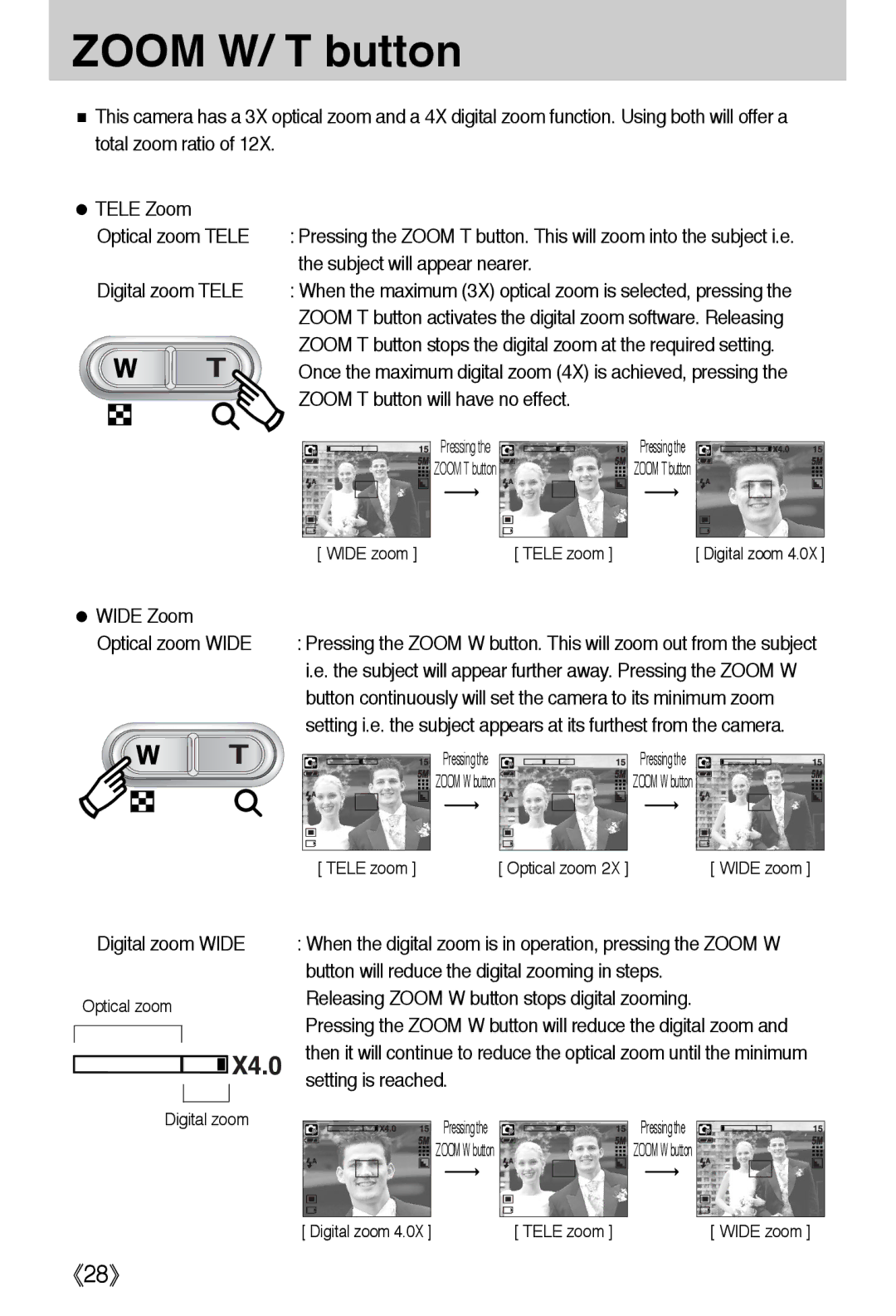 Samsung EC-A50ZZSBA/FR, EC-A50ZZSBA/DE, EC-A50ZZSBA/E1, EC-A502ZSBA/E1, EC-A50ZZSAA, EC-A502ZBBA/E1 manual Zoom W/ T button 