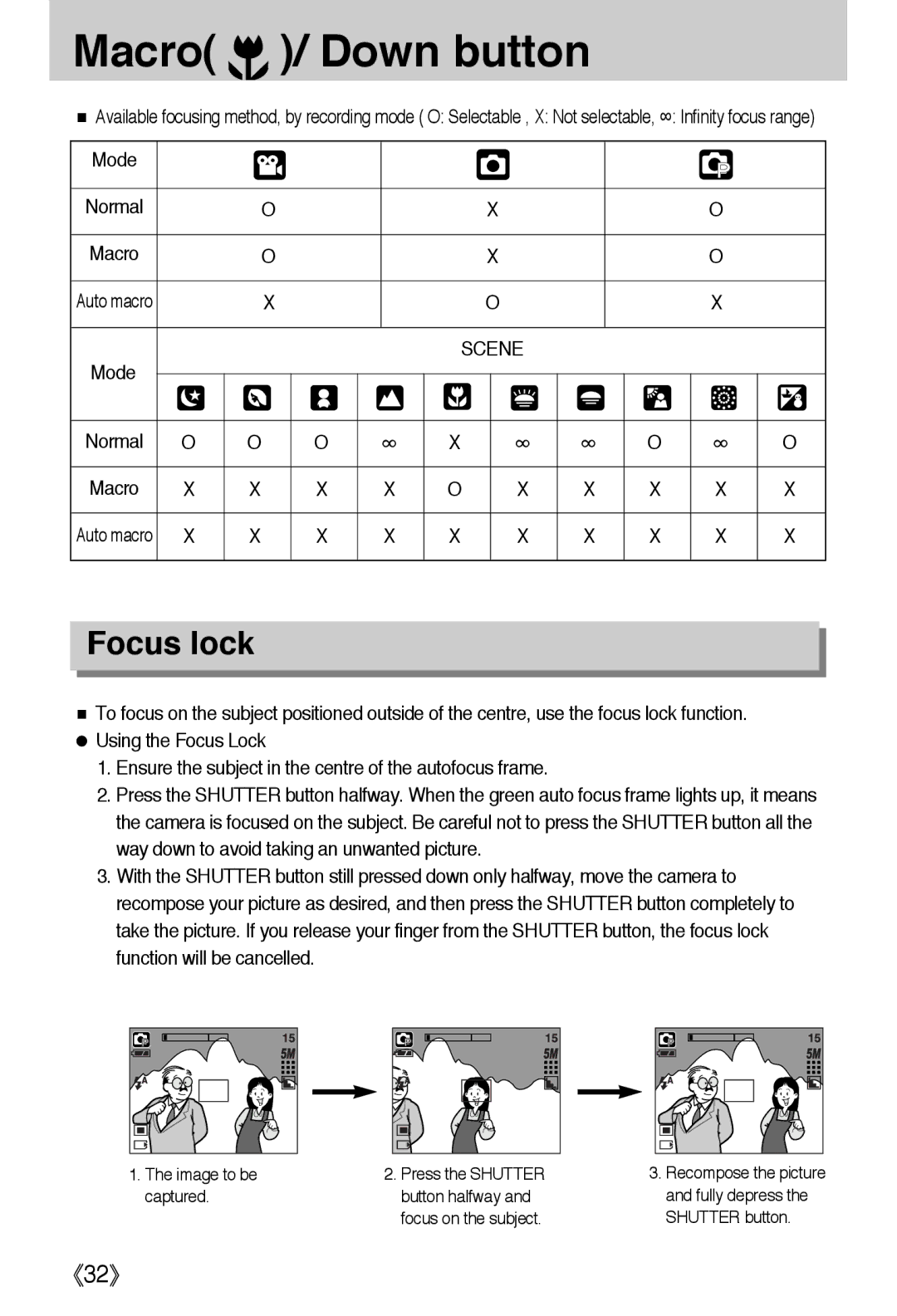 Samsung EC-A50ZZSAA, EC-A50ZZSBA/FR, EC-A50ZZSBA/DE, EC-A50ZZSBA/E1, EC-A502ZSBA/E1, EC-A502ZBBA/E1 manual Focus lock, Scene 