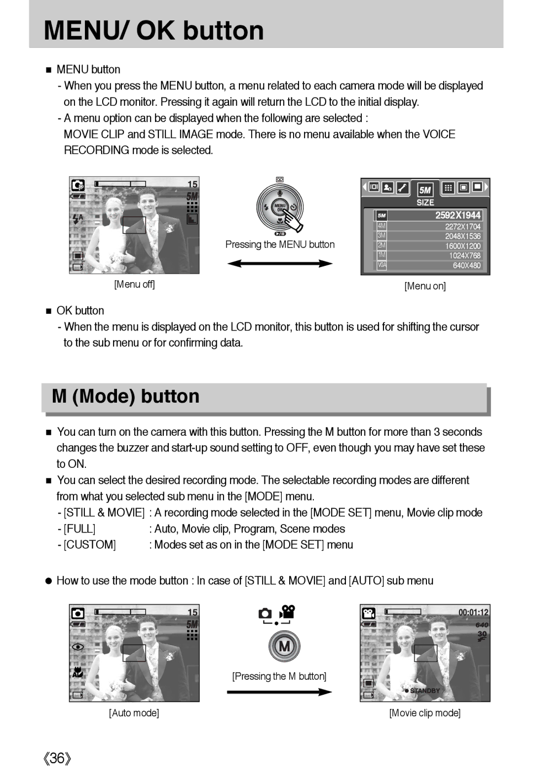 Samsung EC-A50ZZSBA/DE, EC-A50ZZSBA/FR, EC-A50ZZSBA/E1, EC-A502ZSBA/E1 MENU/ OK button, Mode button, Menu button, Custom 