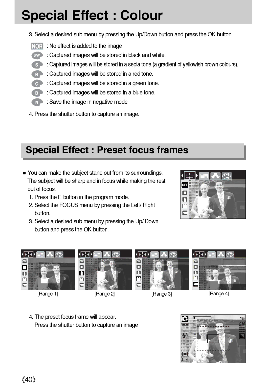 Samsung EC-A502ZBBA/E1, EC-A50ZZSBA/FR, EC-A50ZZSBA/DE manual Special Effect Colour, Special Effect Preset focus frames 