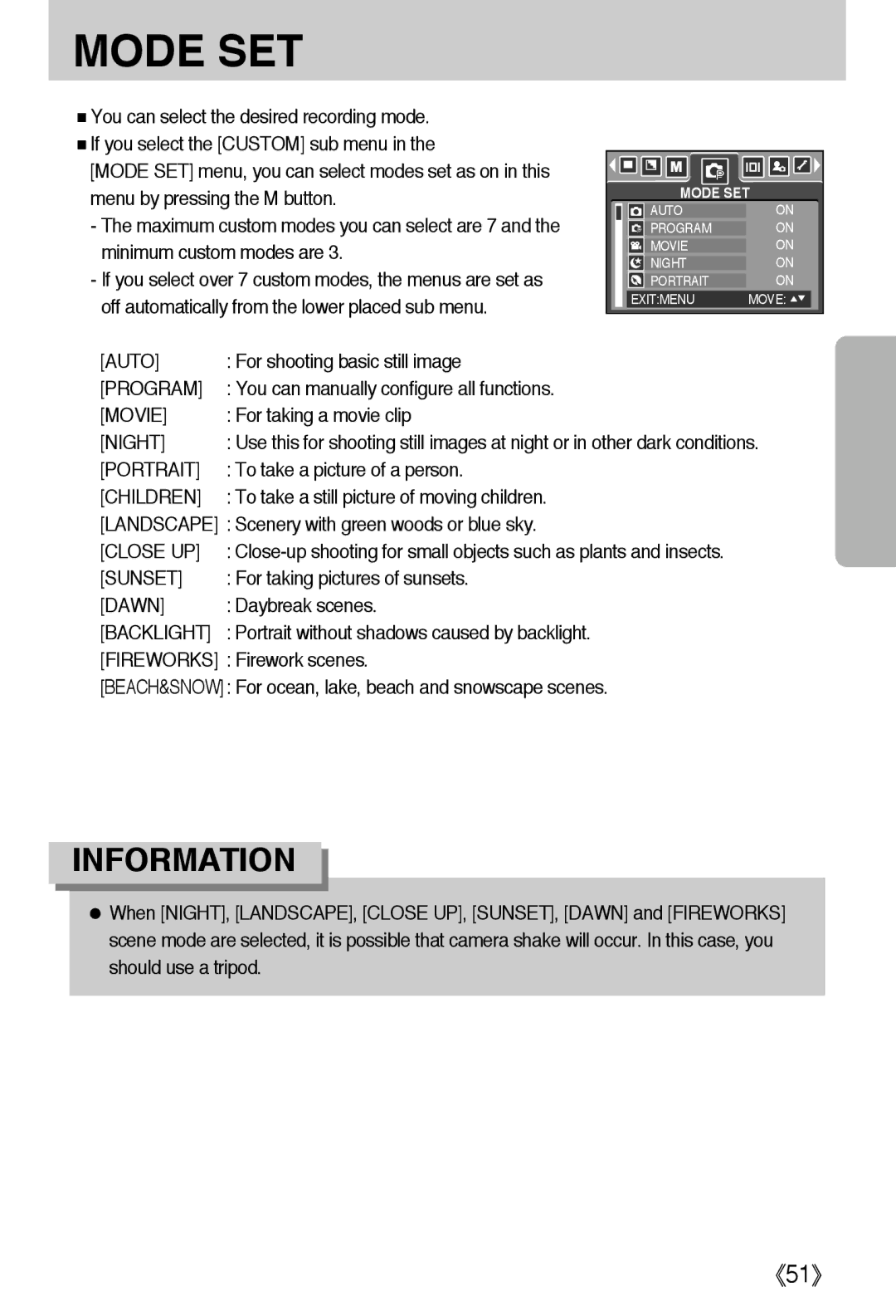 Samsung EC-A50ZZSBA/E1, EC-A50ZZSBA/FR, EC-A50ZZSBA/DE, EC-A502ZSBA/E1, EC-A50ZZSAA, EC-A502ZBBA/E1 Program, Movie, Backlight 