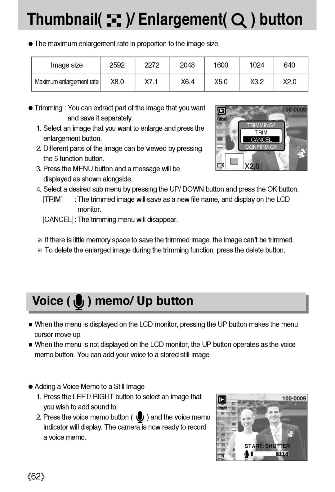 Samsung EC-A502ZRBA/E1 manual Voice memo/ Up button, 1600 1024 640, X7.1, Monitor Cancel The trimming menu will disappear 