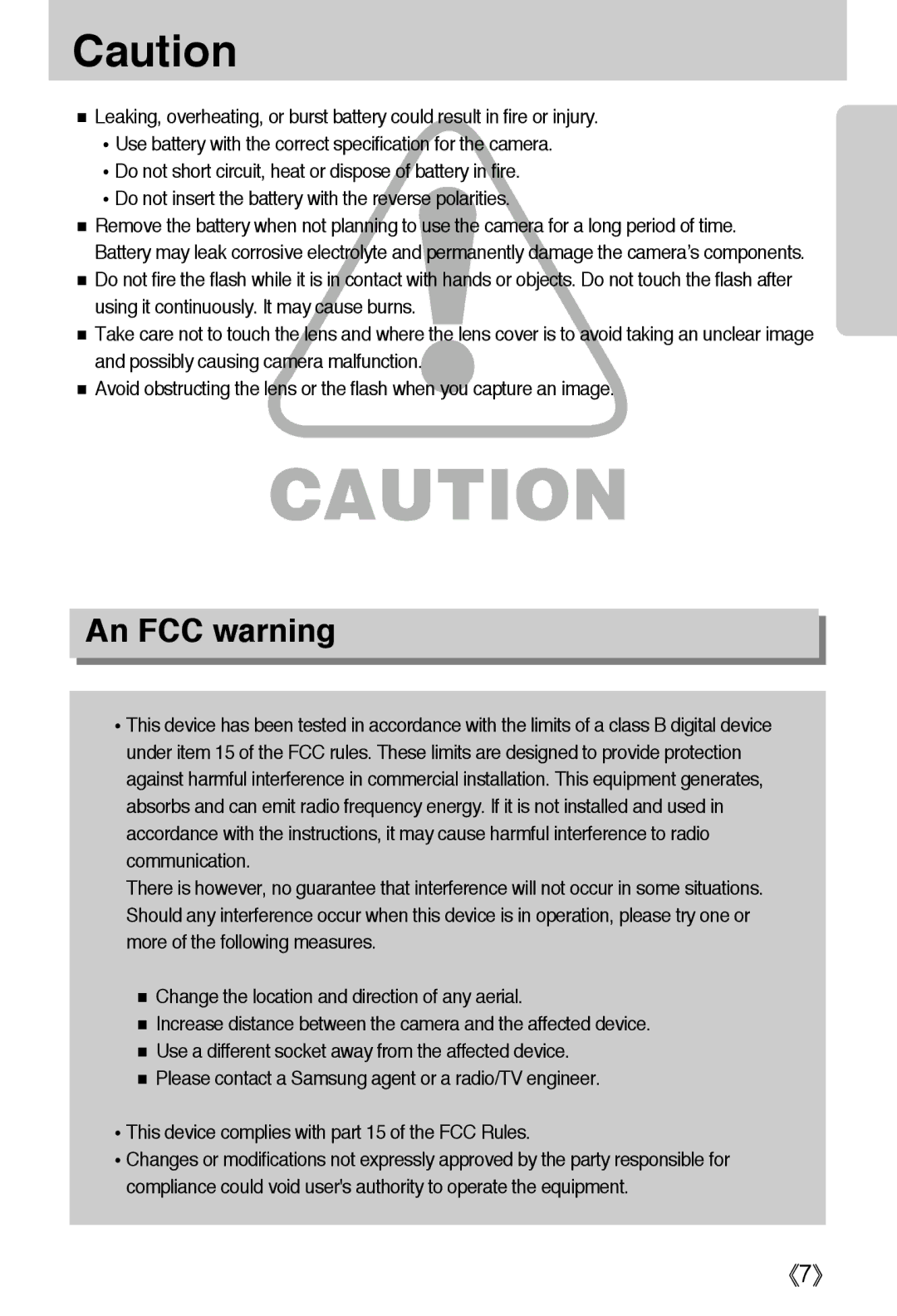 Samsung EC-A50ZZSBA/FR, EC-A50ZZSBA/DE, EC-A50ZZSBA/E1, EC-A502ZSBA/E1, EC-A50ZZSAA, EC-A502ZBBA/E1 manual An FCC warning 