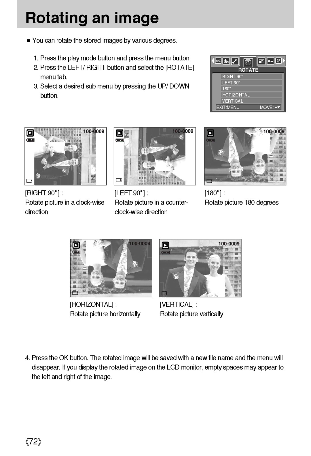 Samsung EC-A50ZZSBA/E1, EC-A50ZZSBA/FR, EC-A50ZZSBA/DE, EC-A502ZSBA/E1, EC-A50ZZSAA Rotating an image, Horizontal, Vertical 