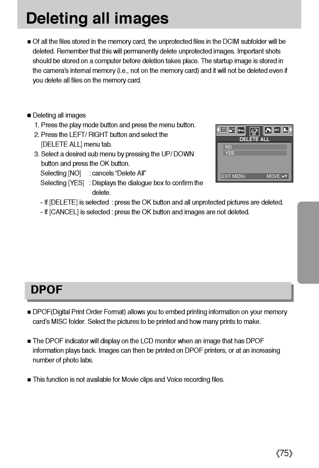 Samsung EC-A502ZBBA/E1, EC-A50ZZSBA/FR, EC-A50ZZSBA/DE manual Deleting all images, Press the LEFT/ Right button and select 