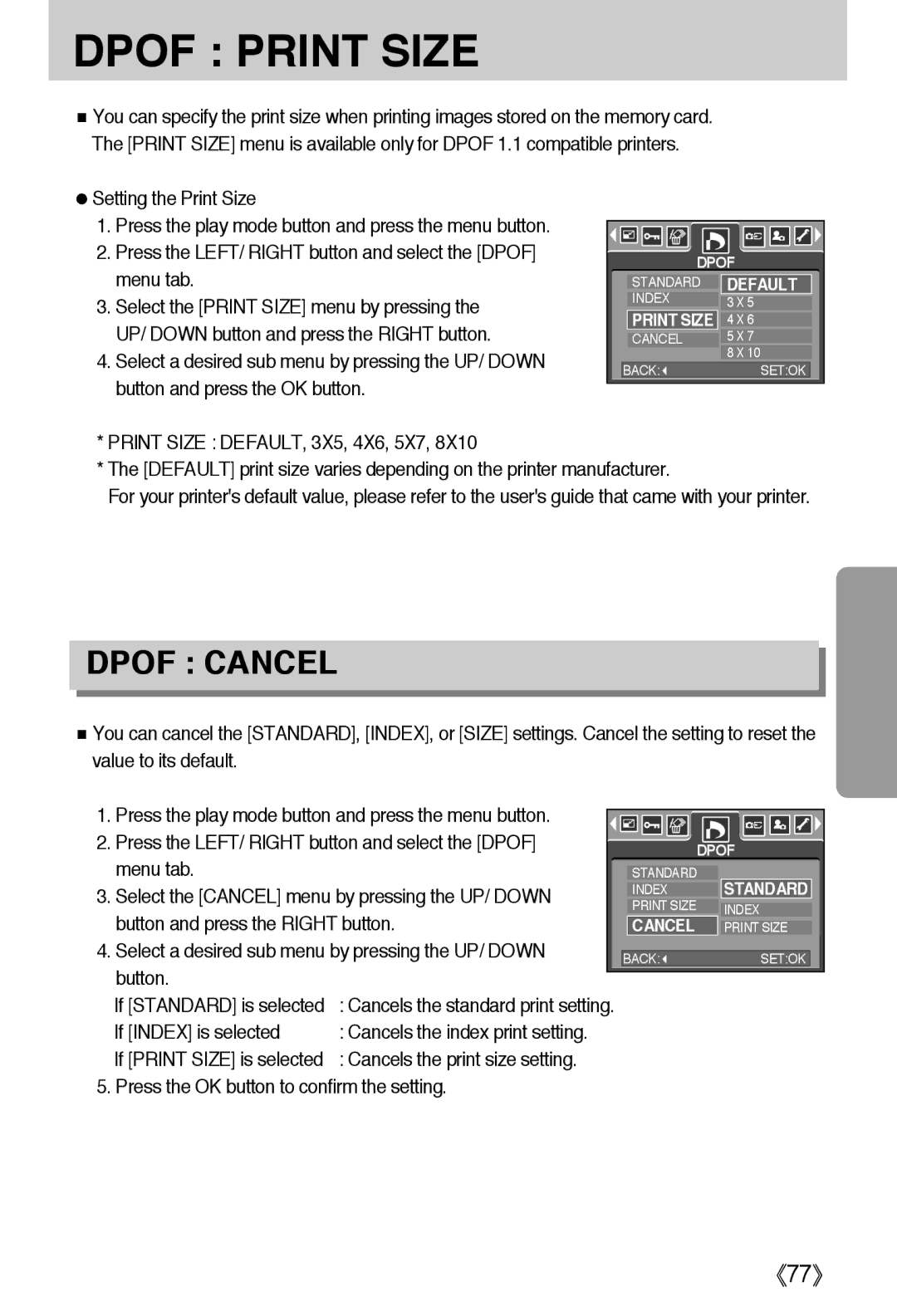 Samsung EC-A50ZZSBA/FR, EC-A50ZZSBA/DE, EC-A50ZZSAA Setting the Print Size, Select the Cancel menu by pressing the UP/ Down 