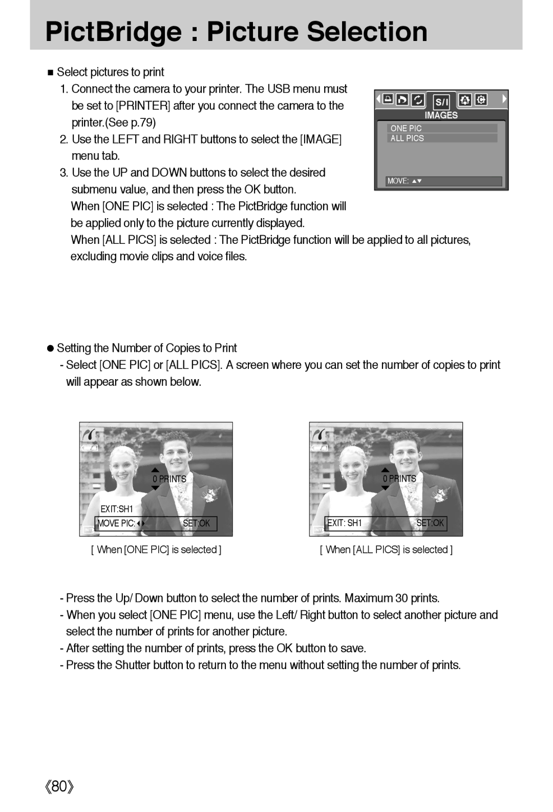 Samsung EC-A502ZSBA/E1, EC-A50ZZSBA/FR manual PictBridge Picture Selection, Select pictures to print, Printer.See p.79 