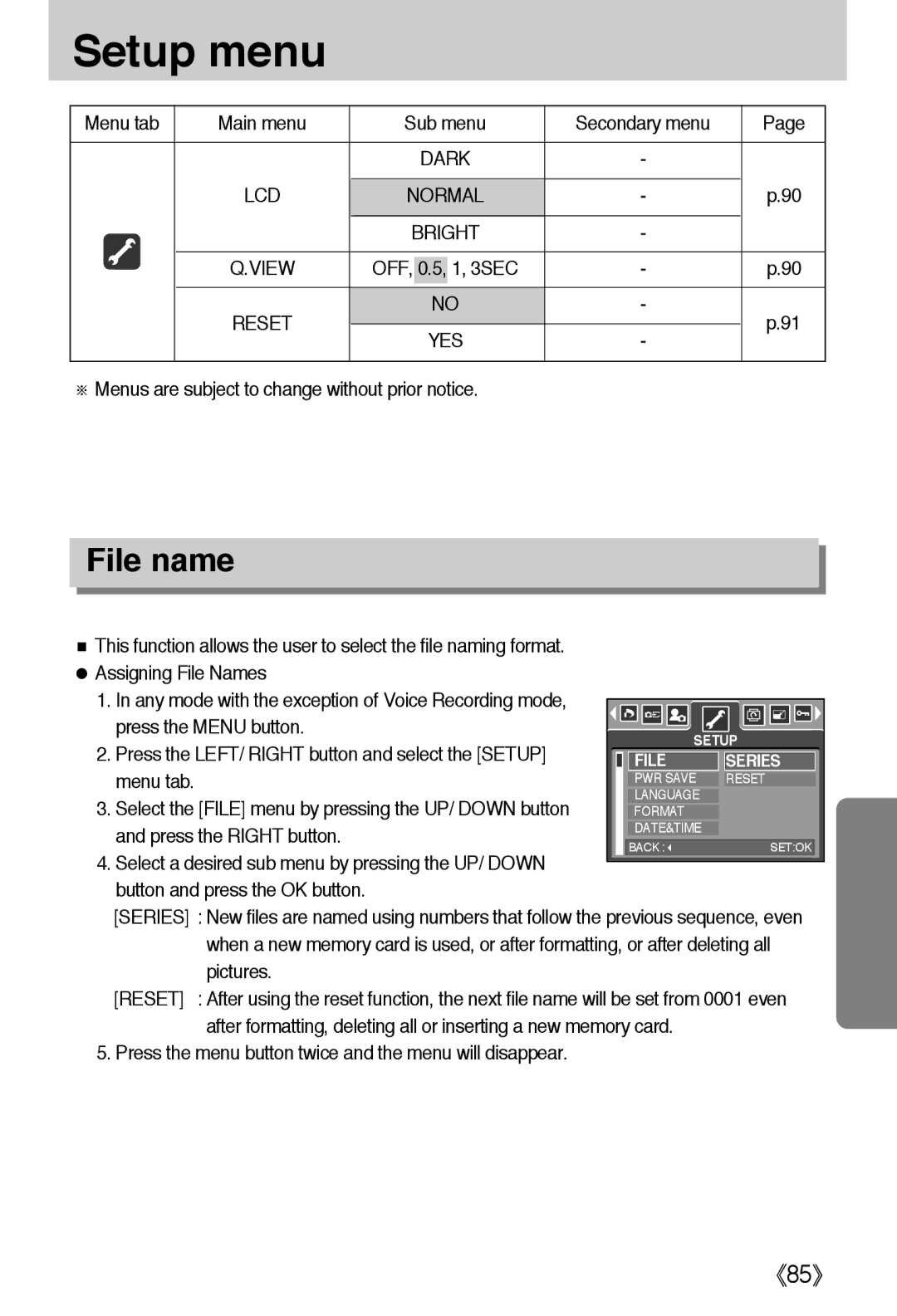 Samsung EC-A50ZZSBA/DE, EC-A50ZZSBA/FR, EC-A50ZZSBA/E1, EC-A502ZSBA/E1, EC-A50ZZSAA manual Setup menu, File name, Lcd, Bright 