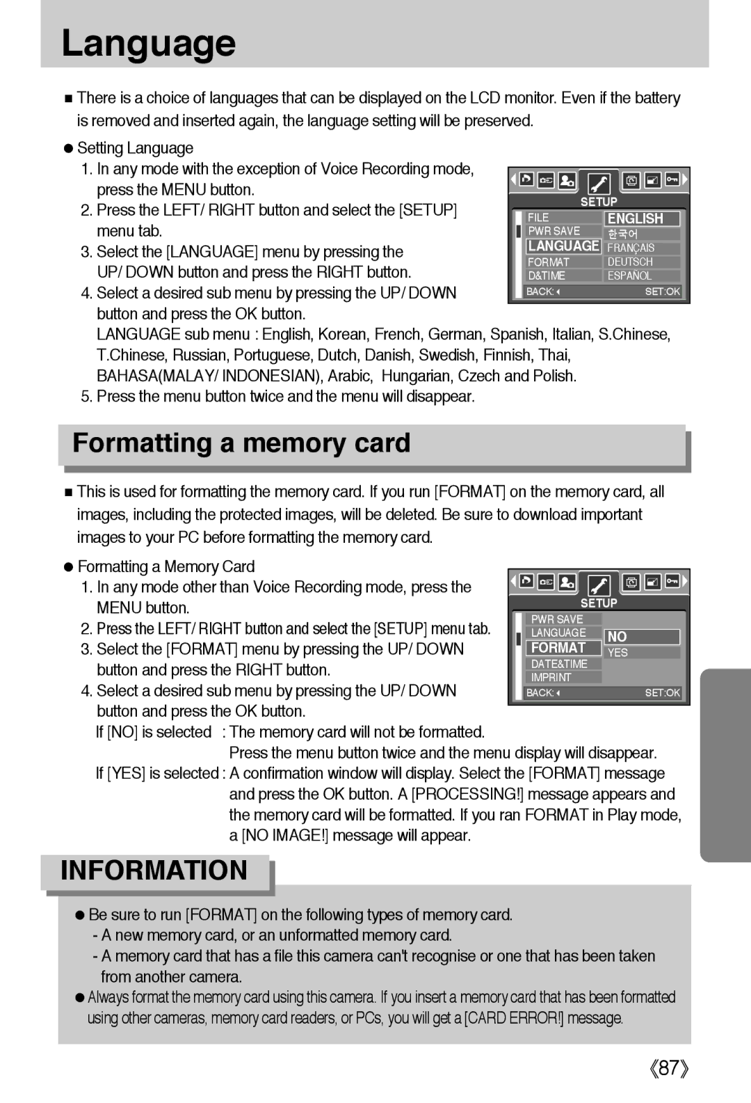 Samsung EC-A502ZSBA/E1, EC-A50ZZSBA/FR, EC-A50ZZSBA/DE, EC-A50ZZSBA/E1, EC-A50ZZSAA manual Language, Formatting a memory card 