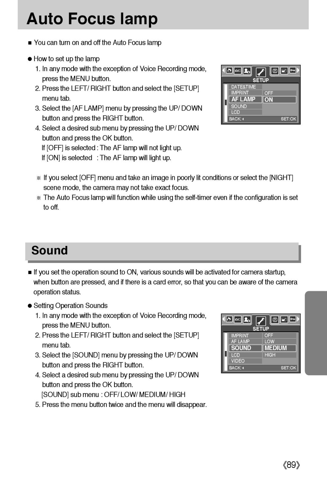 Samsung EC-A502ZBBA/E1, EC-A50ZZSBA/FR, EC-A50ZZSBA/DE, EC-A50ZZSBA/E1, EC-A502ZSBA/E1, EC-A50ZZSAA Auto Focus lamp, Sound 