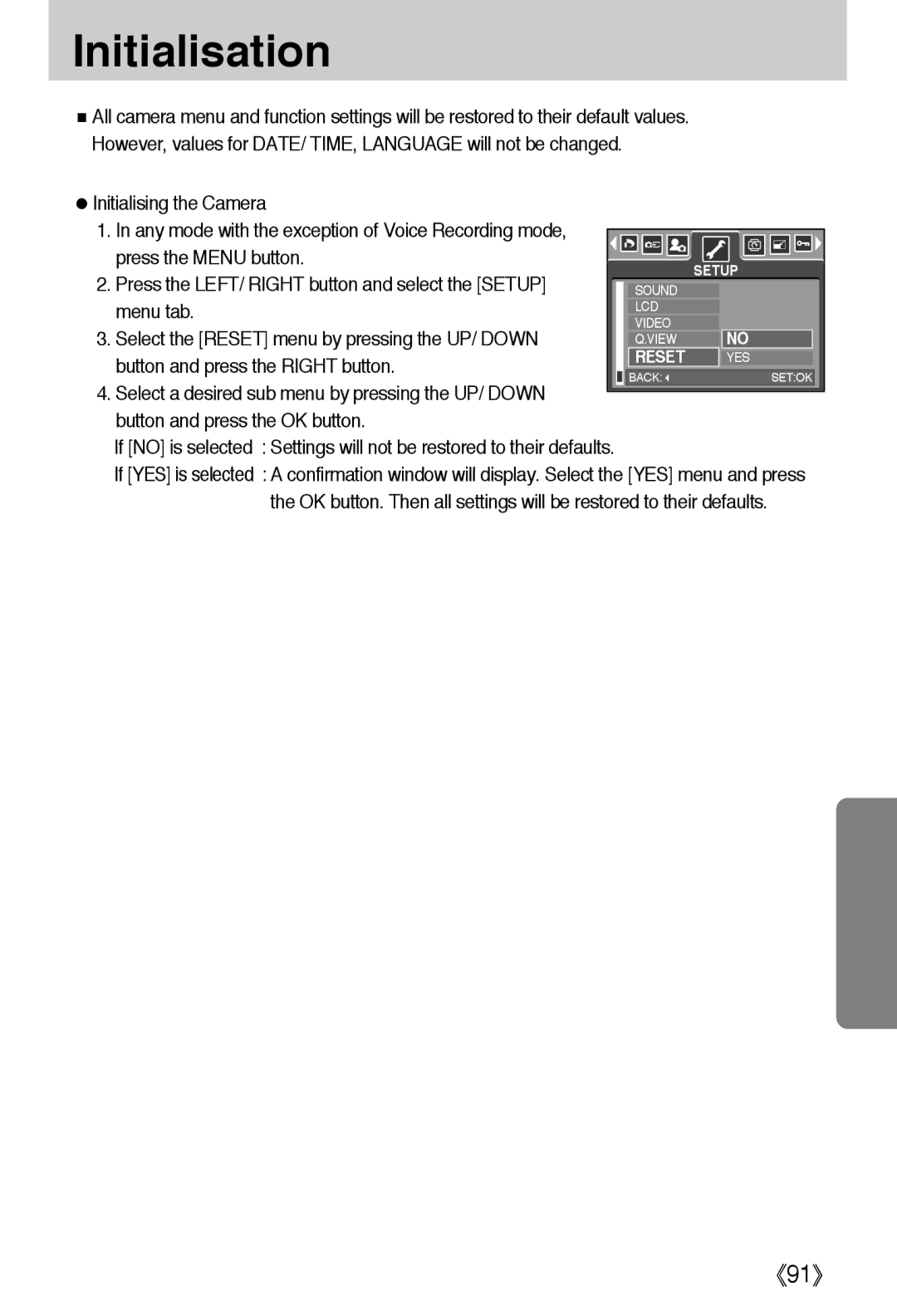 Samsung EC-A50ZZSBA/FR manual Initialisation, Initialising the Camera, Select the Reset menu by pressing the UP/ Down 