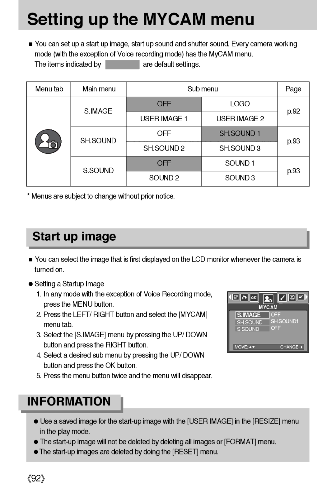 Samsung EC-A50ZZSBA/DE, EC-A50ZZSBA/FR, EC-A50ZZSBA/E1, EC-A502ZSBA/E1, EC-A50ZZSAA Setting up the Mycam menu, Start up image 