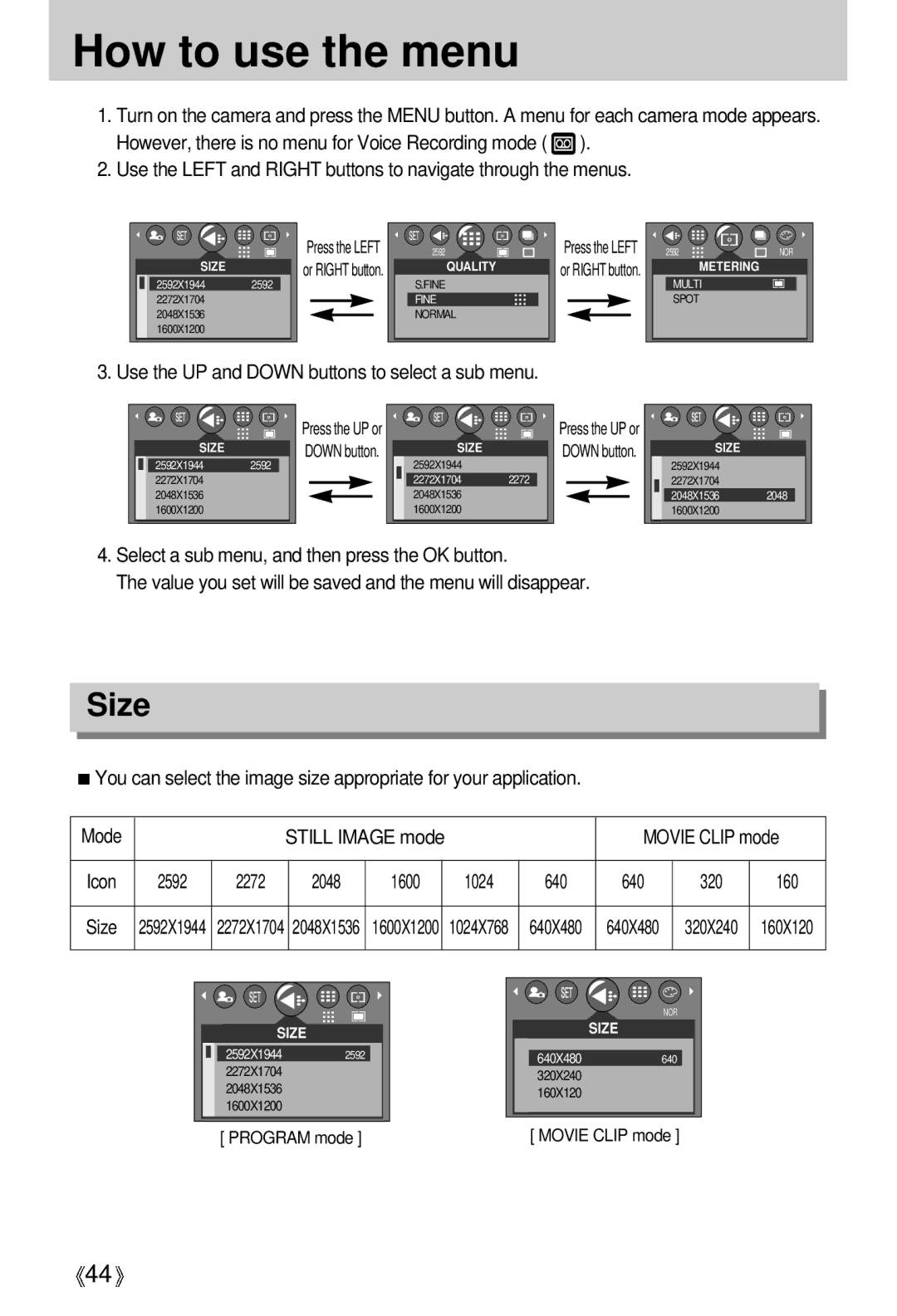 Samsung EC-A50ZZSBA/E1, EC-A50ZZSBA/FR manual How to use the menu, Size, Use the UP and Down buttons to select a sub menu 