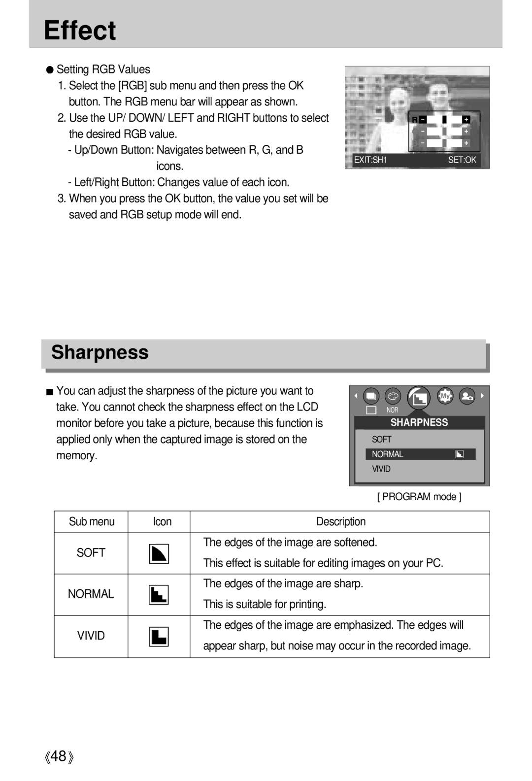 Samsung EC-V50ZZSAA, EC-A50ZZSBA/FR, EC-A5ZZZSAB, EC-A5ZZZSAA, EC-A5ZZZSBA/E1, EC-A5ZZZSAC manual Effect, Sharpness, Vivid 