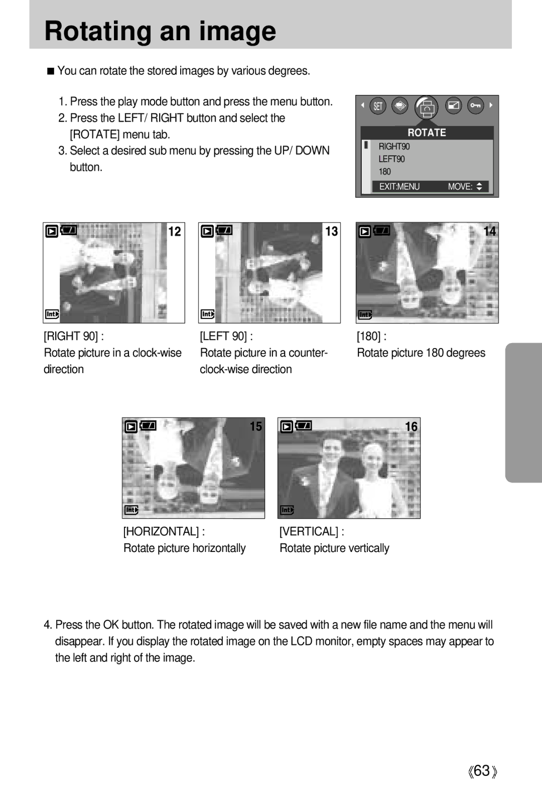 Samsung EC-A50ZZSBA/FR, EC-A5ZZZSAB, EC-A5ZZZSAA, EC-V50ZZSAA, EC-A5ZZZSBA/E1 manual Rotating an image, Horizontal, Vertical 